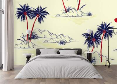 Beautiful seamless island pattern  background. Landscape with palm trees,beach and ocean vector hand drawn style.On light pink Background. Wall mural