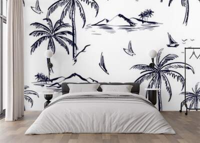 beautiful seamless island pattern on white background. landscape with palm trees,beach and ocean vec Wall mural