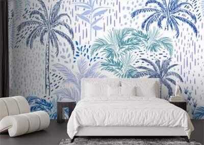 Beautiful seamless itropical forest pattern on white background. Landscape with palm trees,exotic wild and plants Wall mural