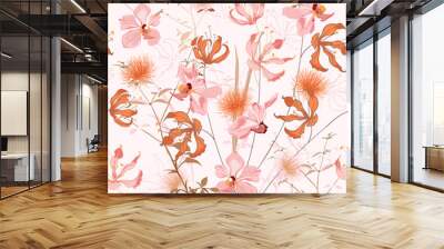 Floral pattern in the many kind of flowers. Botanical Motifs repeat . Seamless vector texture. Printing with in hand drawn style Wall mural