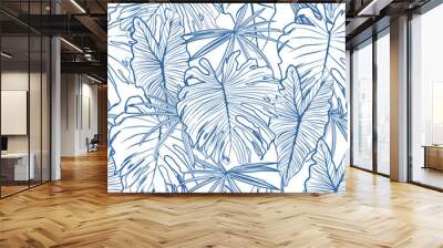 Modern Blue Line Tropical Jungle leaves seamless pattern. Monstera , palm leaves and exotic forest ,Design for fashion , fabric, textile, wallpaper, cover, wrapping and all prints Wall mural