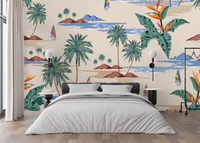 Retro seamless tropical island pattern on light beige ocean background. Landscape with palm trees,beach and ocean vector hand drawn style.Design for fashion,fabric,web,wallaper,wrapping Wall mural