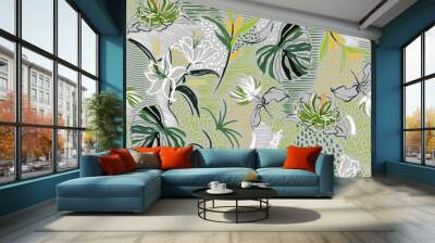 Stylish Seamless pattern vector hand drawn flower ,tropical palm forest, and blooming florals in line sketch mood design for fashion fabric and all prints Wall mural