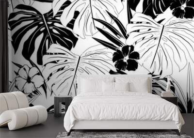 vector seamless beautiful artistic balck and white tropical pattern with exotic forest. monotone color original stylish floral background print, Wall mural