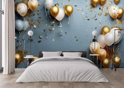 Celebration banner with gold confetti and balloons,Gold confetti celebration party banner with Gold balloons background anniversary graduation retirement holiday Wall mural