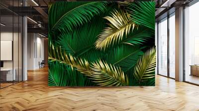 Creative nature background. Gold and green tropical palm leaves. Minimal summer abstract jungle or forest pattern. Wall mural