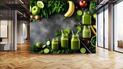 Glass jar mugs with green health smoothie, kale leaves, lime, apple, kiwi, grapes, banana, avocado, lettuce. Copy space. Raw, vegan, vegetarian, alkaline food concept. Banner Wall mural