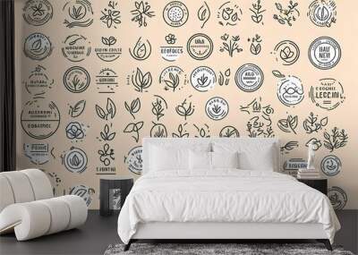 Organic cosmetic line icons set. Product free allergen labels. Natural products badges. Wall mural