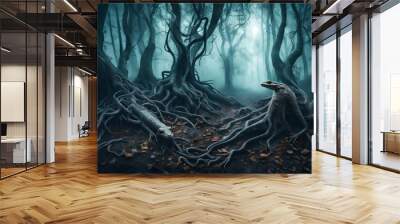 Spooky Halloween dead mysterious forest creepy trees with twisted roots and two lizard on misty night forest. Scary concept. Wall mural