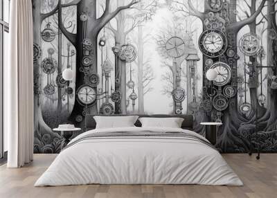 Surrealistic pencil art of a clockwork forest. Wall mural