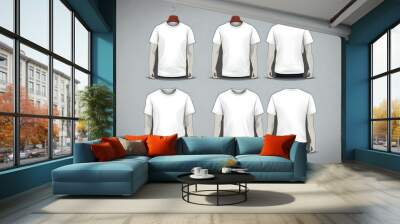 T-shirt template set, front, side, back view mockup Vector Black, white blank t-shirt realistic mockup. Front and back sides, sport long sleeve shirt for print, view of men clothes different angles vi Wall mural