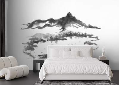 Japanese style sumi-e lake and castle ink painting. Wall mural