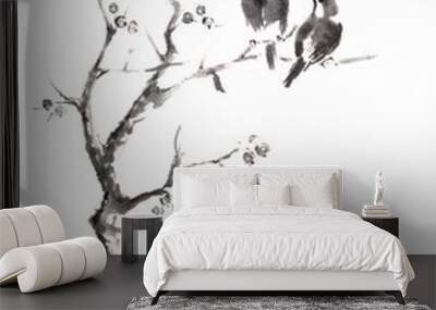 Tow birds on tree original sumi-e ink painting.  Wall mural