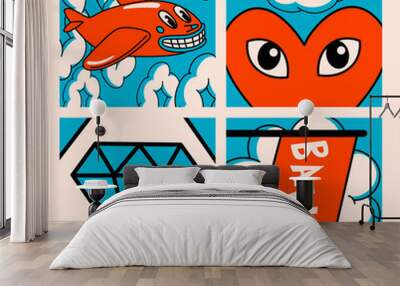 Cartoon vector funny cute Comic characters, plane. Wall mural