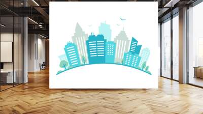 City fisheye lens styled panorama. Urban landscape. Blue city silhouette view. Cityscape in flat style. Modern round shape city landscape. Cityscape backgrounds. Wall mural