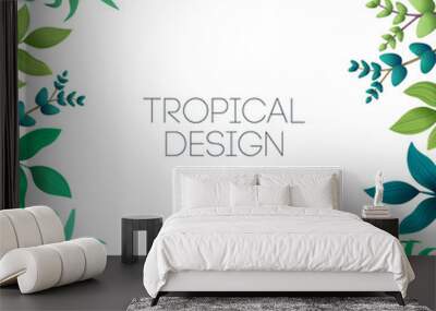 colorful summer tropical background with exotic palm leaves and hibiscus flowers. vector floral back Wall mural