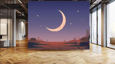 Desert landscape background. Night Panoramic landscape with desert mountains and half-moon. Vector illustration in flat cartoon style. Wall mural