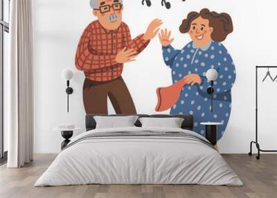 Elderly dancing couple. Old man and woman have fun on a party. Nursing home. Senior people flat Vector illustration. Wall mural