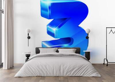 Glossy blue Three 3 number. 3d Illustration on white background. Wall mural