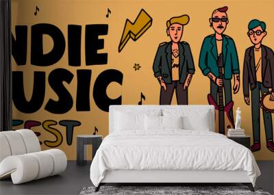 Indie music festival horizontal banner or cover template. IIllustration of musicians and and indie rock fest inscription. Template for banner, card, poster. Vector. Wall mural