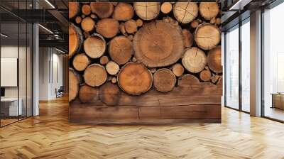 Cross section of tree trunks background. Decoration of cutting tree. Cutting tree trunks placed together for interior decorate, background Wall mural