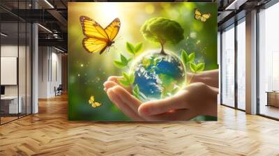 Environment Earth Day people Embracing Green Globe. Happy Earth day generated ai. Wall mural