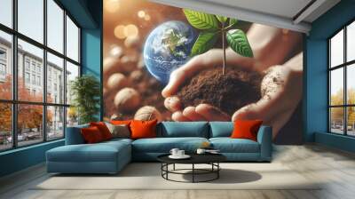 Environment Earth Day people Embracing Green Globe. Happy Earth day generated ai. Wall mural