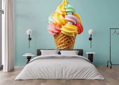 Unbelievable Strawberry and pistachio ice cream cone pastel green background Wall mural