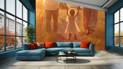  Happy family mother father and daughter walk on nature on sunset hold hand. Wall mural