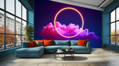 3d render, abstract cloud illuminated with neon light ring on dark night sky. Glowing geometric shape, round frame, generate ai Wall mural