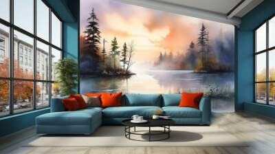 A lake district inspired digital watercolour landscape scene , generate ai Wall mural