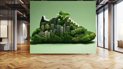 A photo was taken shoe with greenery and city , Carbon Footprint concept. AI Generative Wall mural