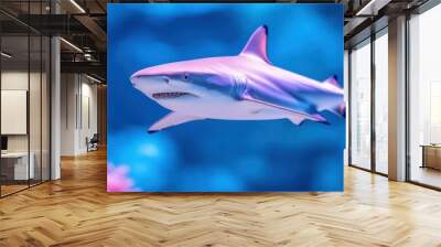 A shark swimming in an aquarium, coral reef on blur background Wall mural