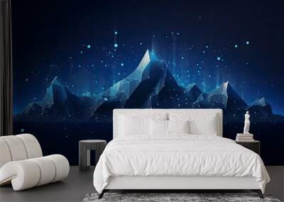 Abstract digital mountains range landscape with glowing light dots against a technology blue background. Futuristic low poly wireframe illustration conveying data mining and management concept. Wall mural