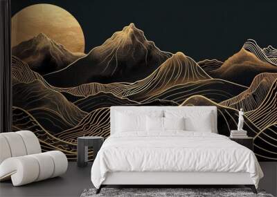 Abstract japanese style landscapes lined waves in black and gold colours Wall mural