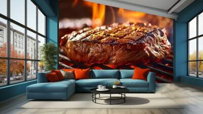 Beef ribeye steak grilling on a flaming grill.  Wall mural