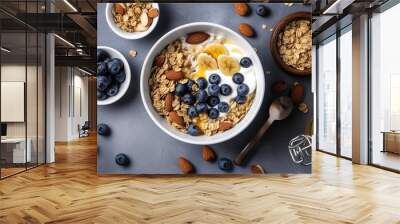 Bowl of greek yogurt with oatmeal granola, banana, blueberry, nuts, chia seeds and honey on gray table. Top view, generate ai Wall mural