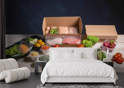 Box with packed meat and vegetables on kitchen background. Food delivery services during the coronavirus pandemic and social distancing. Shopping online. Dinner delivery service, generate ai Wall mural