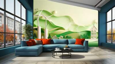 Paper art, renewable energy with green energy such as wind turbines, Renewable energy by 2050 Carbon neutral energy Wall mural