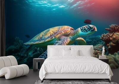 Sea turtle swimming the undersea, Beautiful Underwater and colorful coral in the wild nature of the Pacific Ocean Generate Ai Wall mural