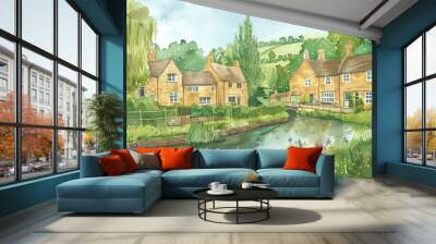 Summer Scene. British Countryside Village in Watercolour. Wall mural