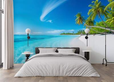 Tropical paradise beach with white sand and crystal clear blue water. Beautiful natural summer vacation holidays background. Travel tourism wide panorama background concept.  Wall mural