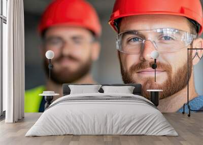 A construction worker, a man, boldly looks at the camera while carrying a plan and donning a safety vest, protective glasses, and a red hard helmet. Wall mural