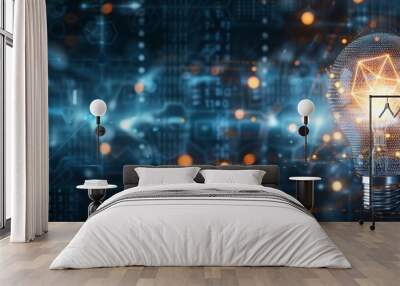 A light bulb glowing with energy and digital data on dark background with bokeh light Wall mural