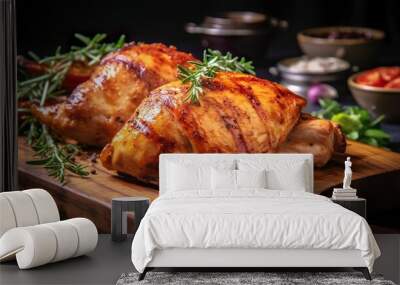 Closeup of tasty roast chicken breast served on wooden board. Grilled chicken. Wall mural