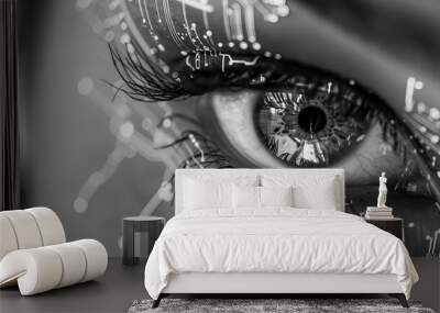 closeup of womans eye with circuitry is covered on face in monochrome background Wall mural