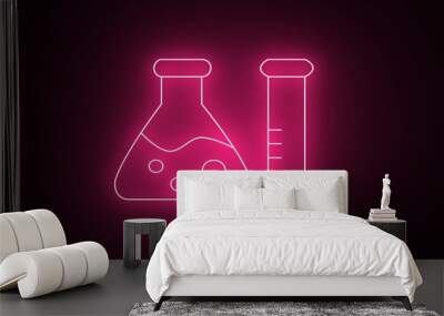 Glowing neon Laboratory chemical beaker with toxic liquid icon isolated on black background. Laboratory glowing beaker sign. neon Test tube sign. test tube glowing icon. Medical Icons. Wall mural