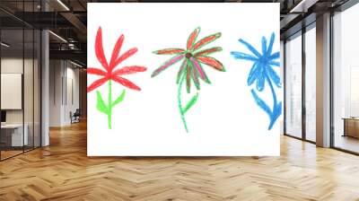 Set of simple colorful sketches of meadow plants isolated on white background painted by crayons.  Wall mural