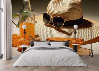 Beach hat with sunglasses and summer sun cream in bottle Wall mural