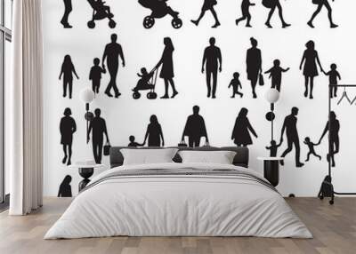 Set of Silhouette Walking People and Children. Illustration Vector  Wall mural